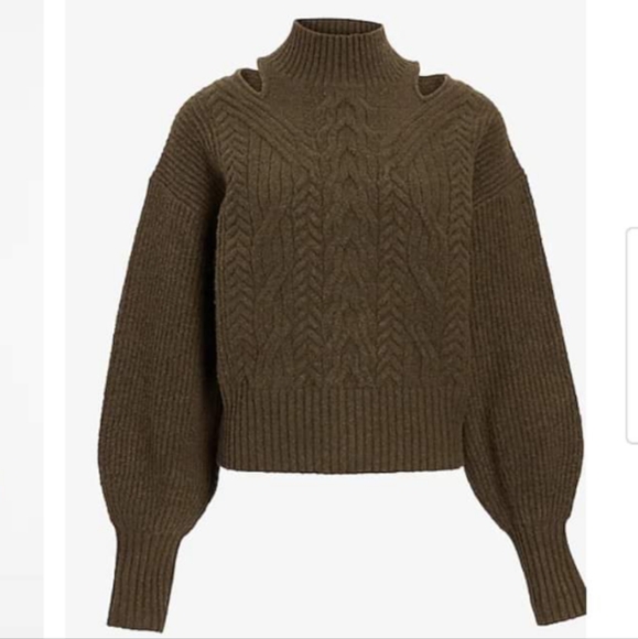 Express Cableknit Turtleneck Cutout Sweater Balloon Sleeves Olive Green - Picture 4 of 8